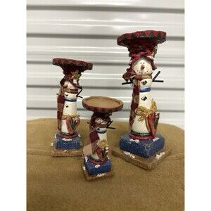 Vintage Russ Berrie Set Of 3 Snowman Candle Holders Winter Christmas